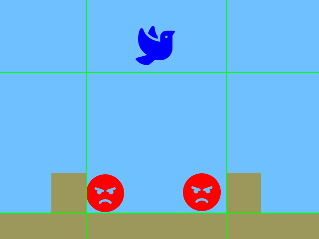 A blue bird is alone in its own grid square.